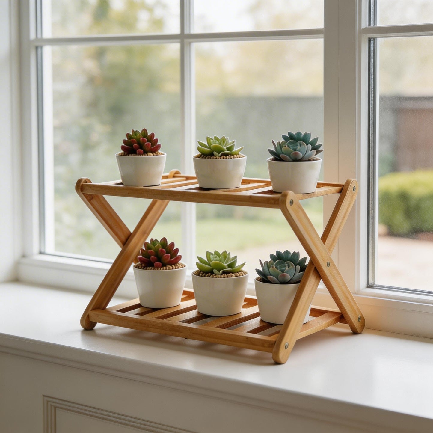 DCAEKUX windowsill plant shelf Indoor 2 Tiers Desktop plant stand Wood Display Stand for cacti & succulent plants Spice Rack Countertop Cupcake