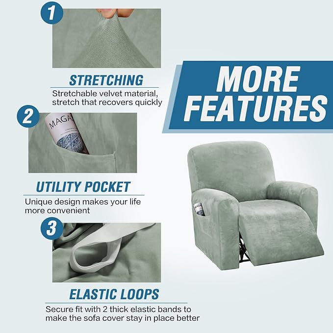 H.VERSAILTEX 4-Pieces Recliner Chair Covers Velvet Stretch Reclining Couch
