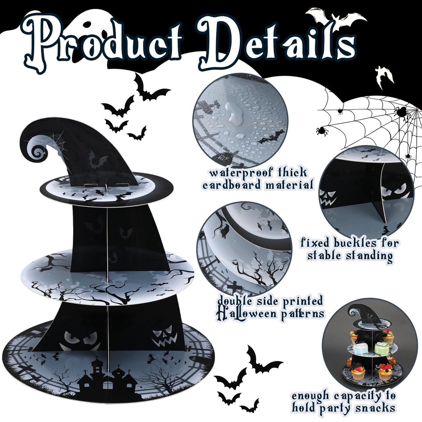 Zopeal 3 Tier Halloween Cupcake Stand The Nightmare Cardboard Cake Stand Tower Pumpkin Bat Scary Party Cupcake Serving Tray Dessert Tower for Halloween Carnival Party Decoration Supplies