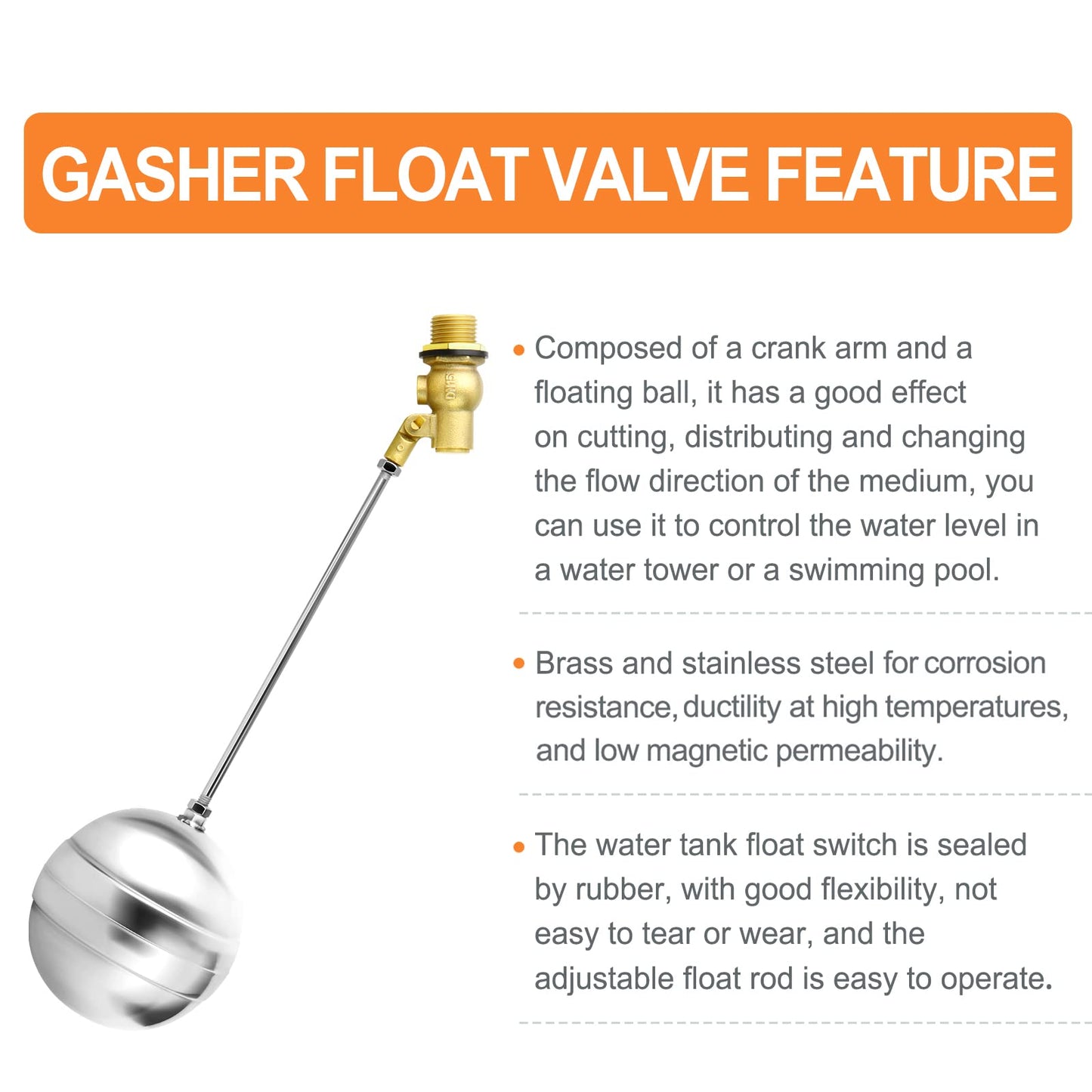 GASHER 2PCS 3/4" 304 Stainless Steel Float Ball Valve with 3/4"G Female x 3/4"NPT Male Adapter, DN20 Adjustable Water Tank Float Ball Valve for Stock Tank Pool Water Level Control