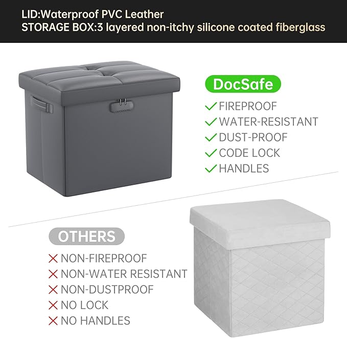 DocSafe Storage Ottoman with Lock, Fireproof Folding Ottoman Foot Rest Stool