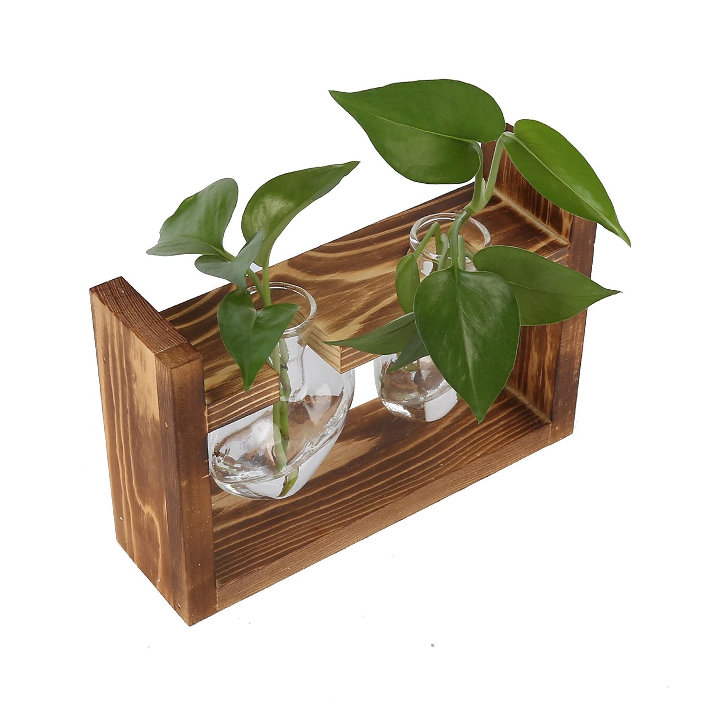 Heart Shaped Glass Hydroponic Vase with Retro Wooden Stand, Plant Propagation Stations with Wooden Stand, Desktop Plant Terrarium for Home Office Desk Decor (Retro Frame + 2 Heart Bottles)