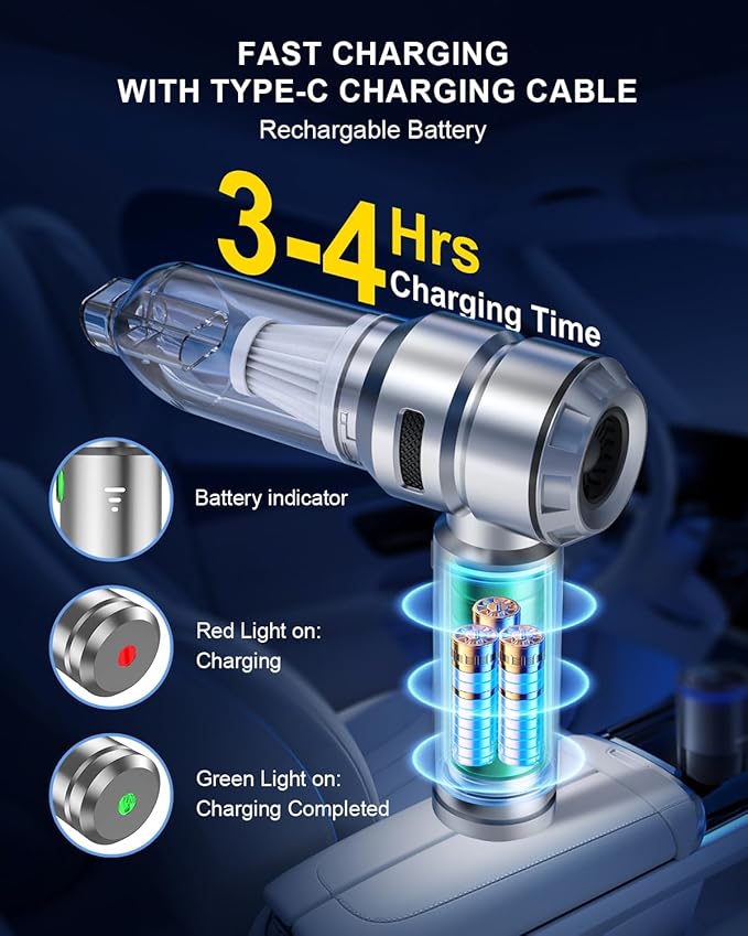Car Vacuum,3 Suction Modes,Portable Mini Cordless Cleaner with 21000pa Suction Power,Type-C Charge,Handheld Vacuum for Home,Car, Office Desk, Keyboards(Fantasy Silver)