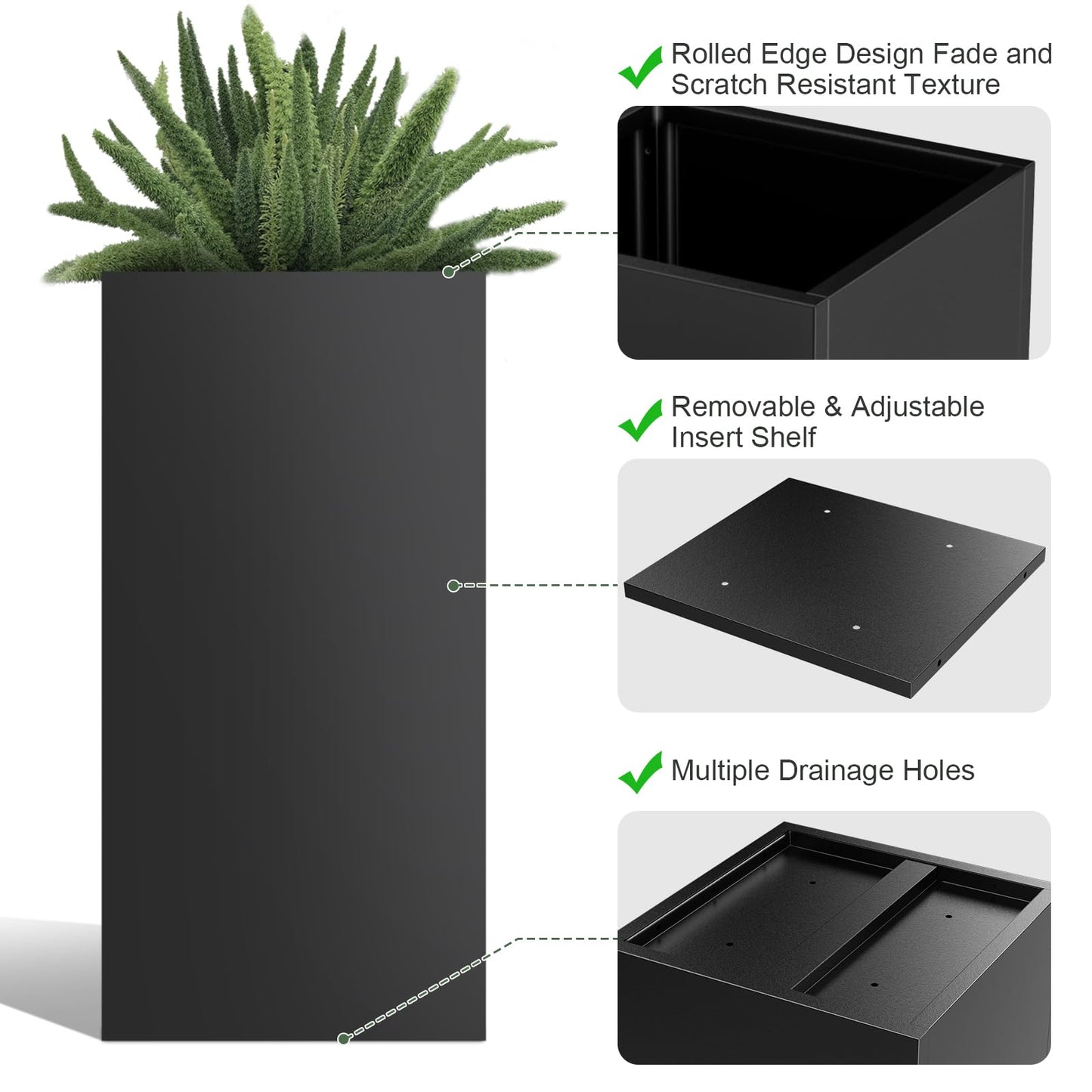 Nessxa Metal Planter Box for Outdoor Plants 15" L x 15" W x 30" H 2 Pack, Heavy Duty Steel Planter Box with Removable Insert Shelf, Rectangular Planters for Porch, Garden, Yard, Hotel (Black)