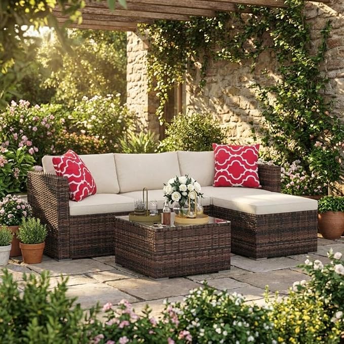 5-Piece L-Shaped Outdoor Patio Furniture Set, PE Wicker Sectional Sofa Set