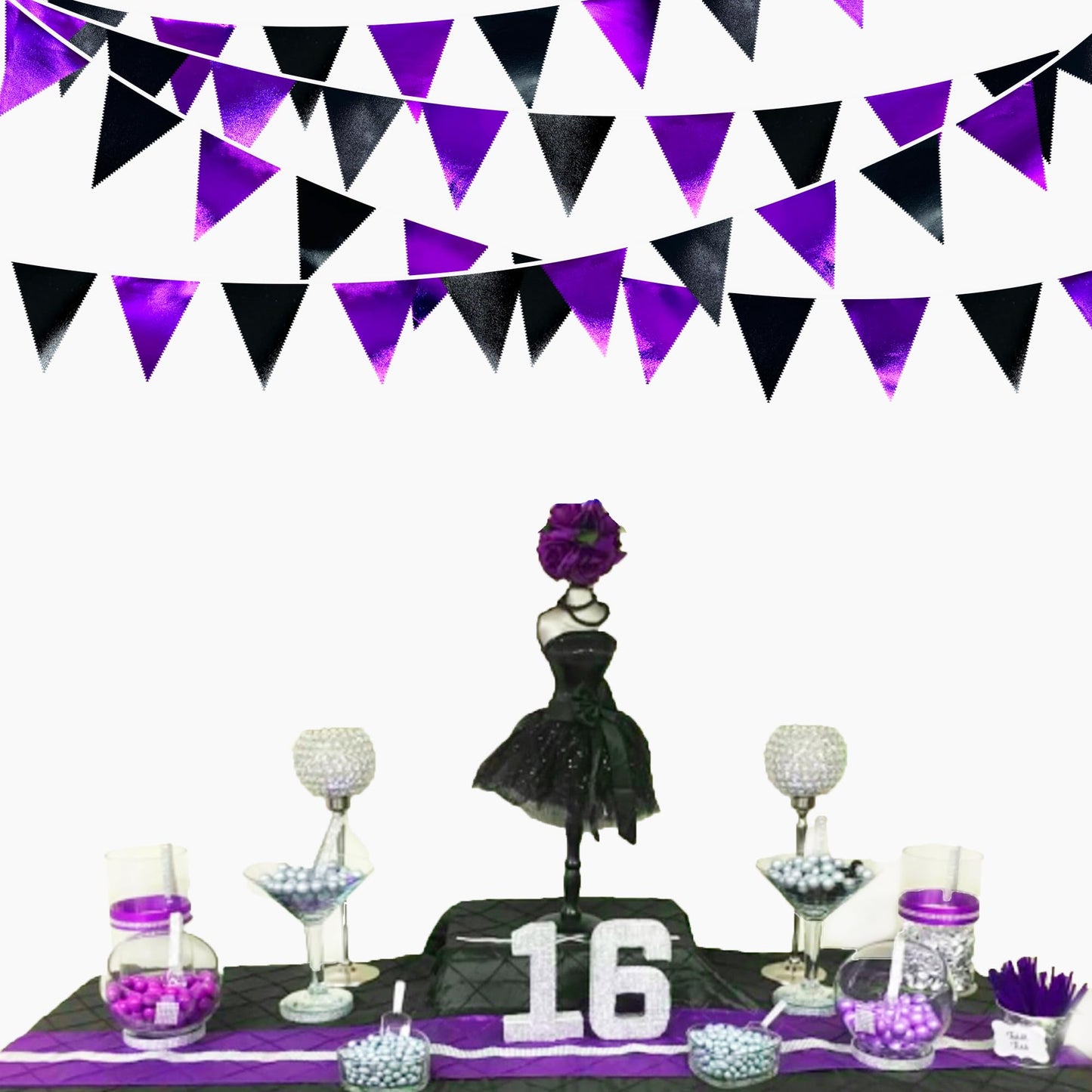 Purple and Black Party Decorations Metallic Fabric Triangle Pennant Banner Flag Bunting Garland for Graduations Birthday Retirement Wedding Baby Shower Bachelorette Halloween Outdoor Party Supplies