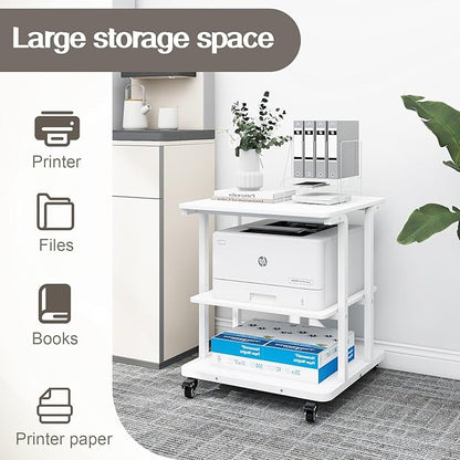 Natwind Printer Stand, 24''x20''x26'' Large Printer Table with Storage Shelf, 3 Tier Rolling Printer Cart with Wheels,Multifunctional Shelves for Home Office（White）