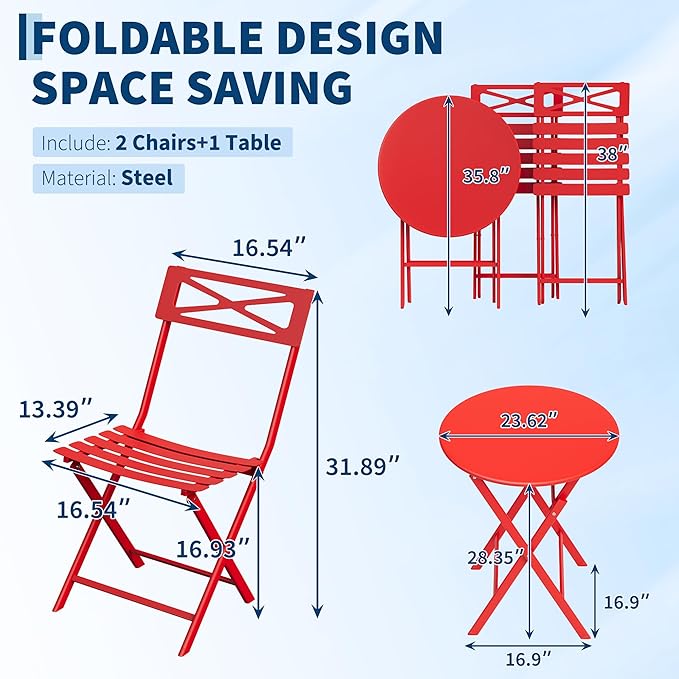 GarveeTech 3-Piece Folding Bistro Set, Heavy Duty Outdoor Patio Furniture