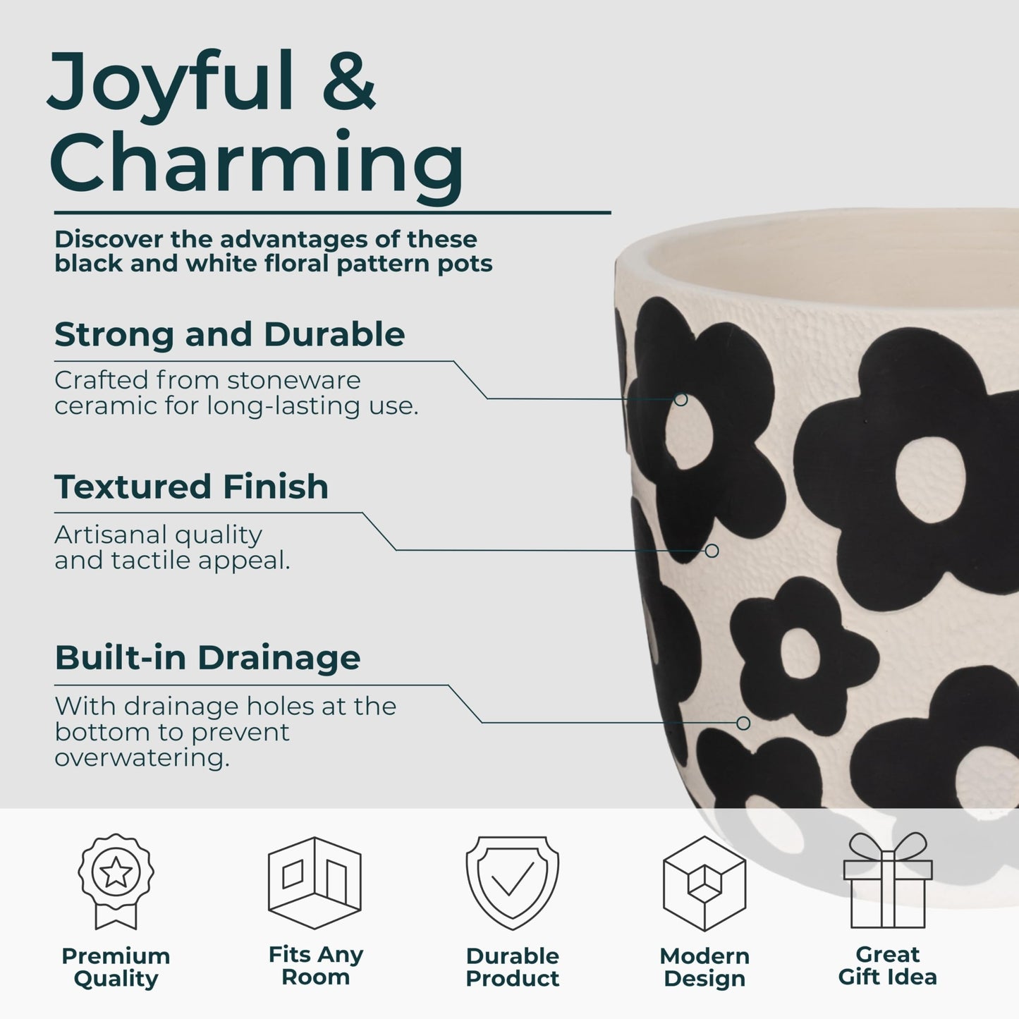 Set of 2 Pottery Cement Planters – Versatile Plant Holders for Greenery and Styling, Flower Pots for Living Room, or Patio – Bold Floral Pattern, Modern Graphic Look, Home Decor – 6" & 8", Black