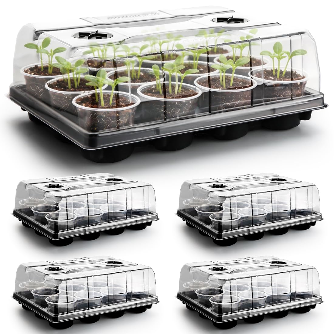 RooTrimmer 5 Pack 12 Cell Nursery Pot Trays with Adjustable Humidity Domes & 4 Inch Clear Pots 60 Pack, Sturdy Seed Starting Kit for Greenhouse Garden, Reusable Plant Growing Germination 5 Sets