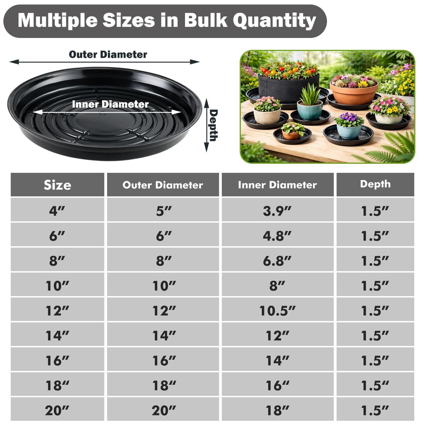 30 Packs 8 Inches Small Plant Saucers for Indoor Outdoor Use Heavy Duty Plastic Plant Plate Dish for Planter Bulk Round Flower Pot Drip Trays to Catch Water 4 to 20 Inch, Black