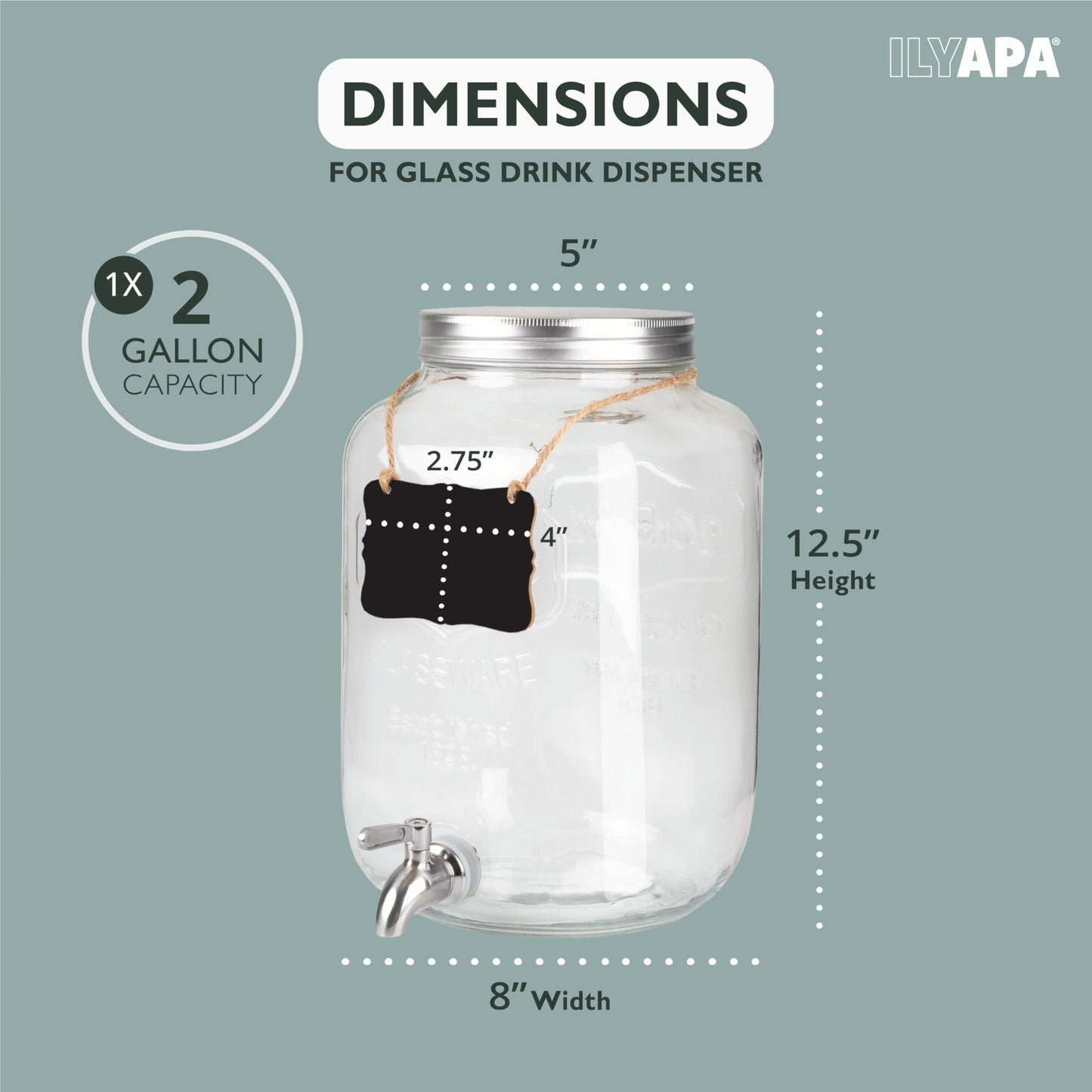 Ilyapa 2 Gallon Drink Dispenser - Wide Mouth Glass Drink Dispenser - 100% Leak Proof Stainless Steel Spigot with Glass Flip Top Lid, for Any Event