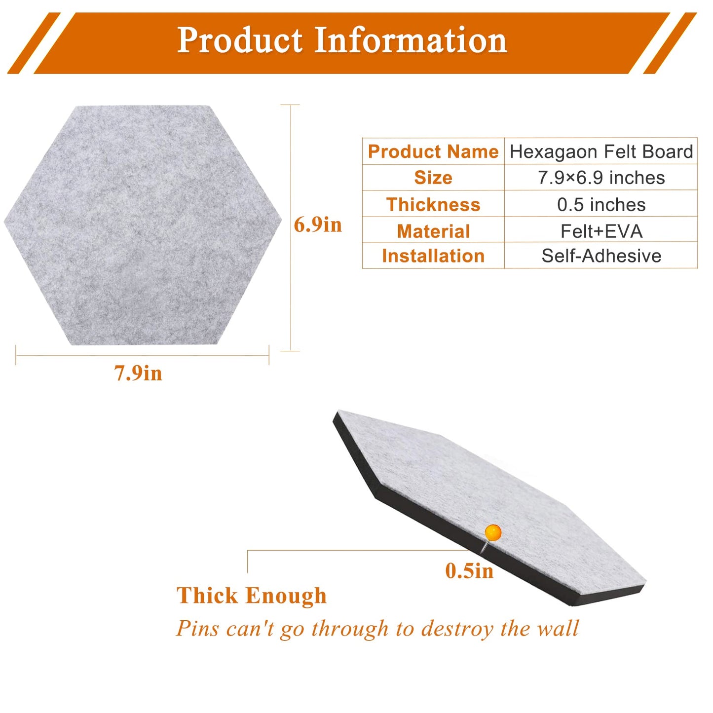 HULAVO 8Pcs Hexagon Felt Cork Board Tiles, Self Adhesive DIY Bulletin Board Pin Board for Office School Home Wall Decor Stickers Memos Photos Display (Black)