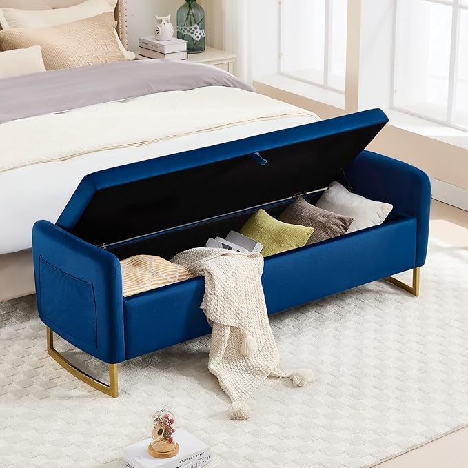 65" Storage Bench for Bedroom, Velvet End of Bed Bench, King Size Bed Benches