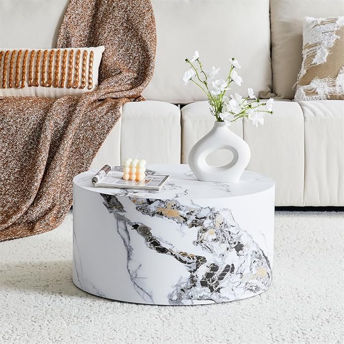Round Coffee Table Living Room Table, Modern White Faux Marble Center Couch