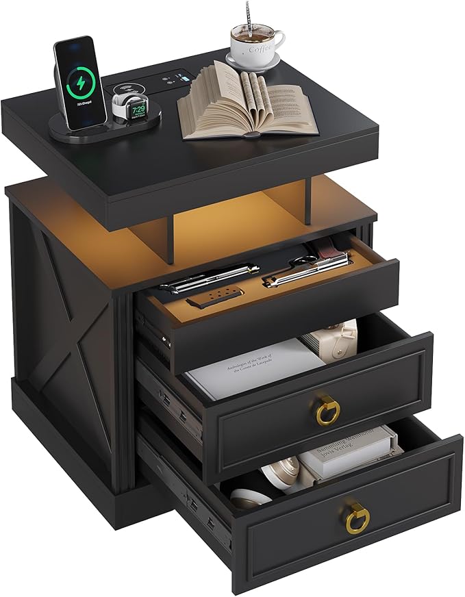 HNEBC Nightstand with Gun Drawers, LED Farmhouse Night Stand with Charging