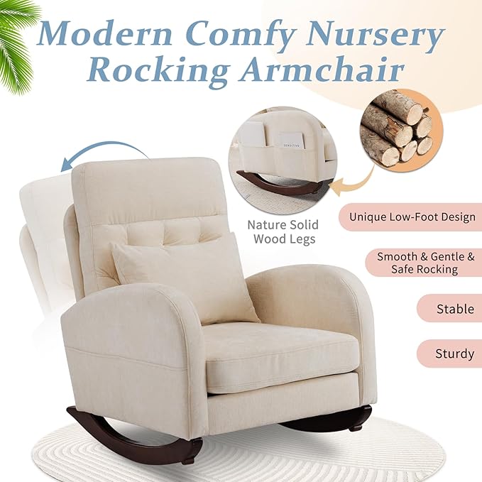 VINGLI Chenille Low Seat Rocking Chair, Upholstered Nursery Glider Chair