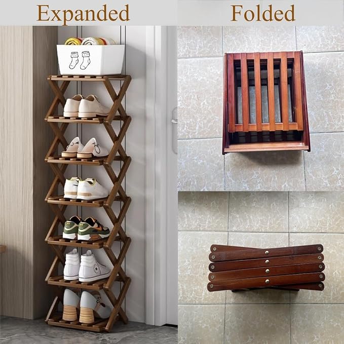 Foldable Shoe Rack, Bamboo Vertical Shoe Organizer Tall