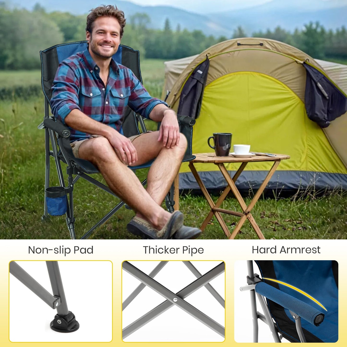 XGEAR Portable Camping Chair for Adutls - Heavy Duty Outdoor Camp Chairs - Folding Lawn Chair with Padded Hard Armrest Cup Holder Storage Pocket - Collapsible for Outdoor Fishing Garden
