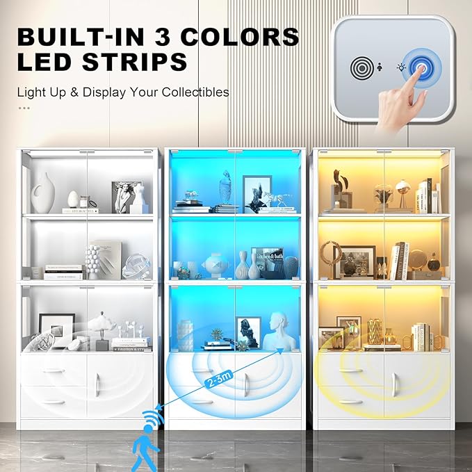 Display Cabinet with Glass Doors, 4-Tier Display Case with 3-Color Lights &