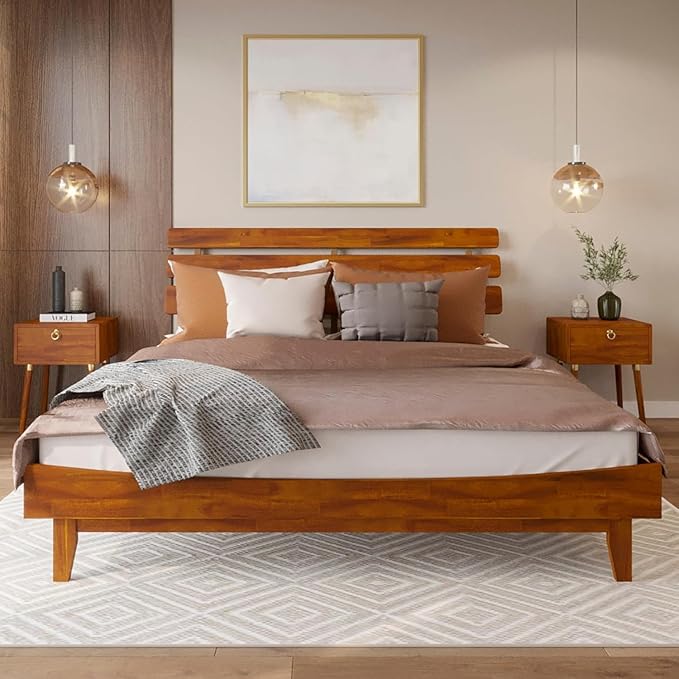 Bme Caden King Size Bed Frame and Adjustable Headboard, 15 Inch Mid Century