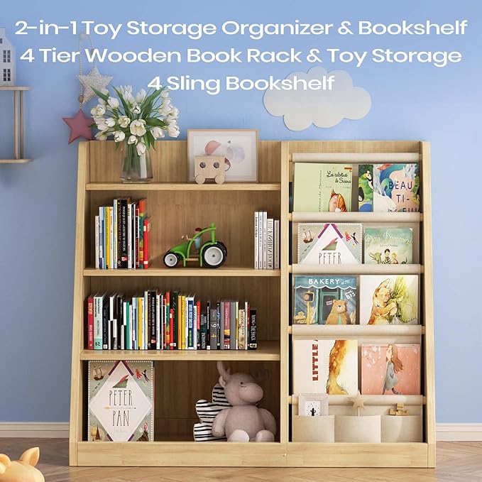 EXPERLAM Kids Bookshelf and Toy Storage Organizer, 4 Tier Wooden Kids Book Shelf
