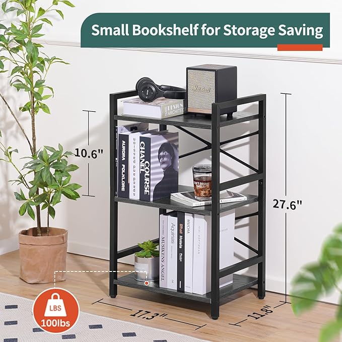 Yoobure Bookshelf Small Book Shelf, Solid Industrial 3 Tier Shelf Bookcase