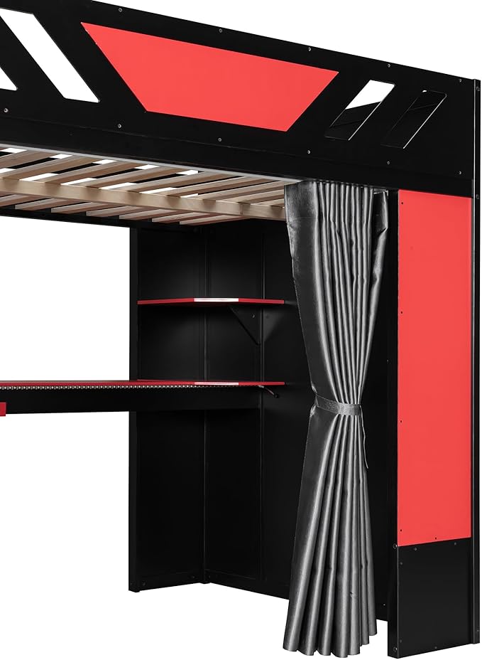Full Size Wood Loft Bed with Built-in Workstation, Smart Storage, RGB Lighting