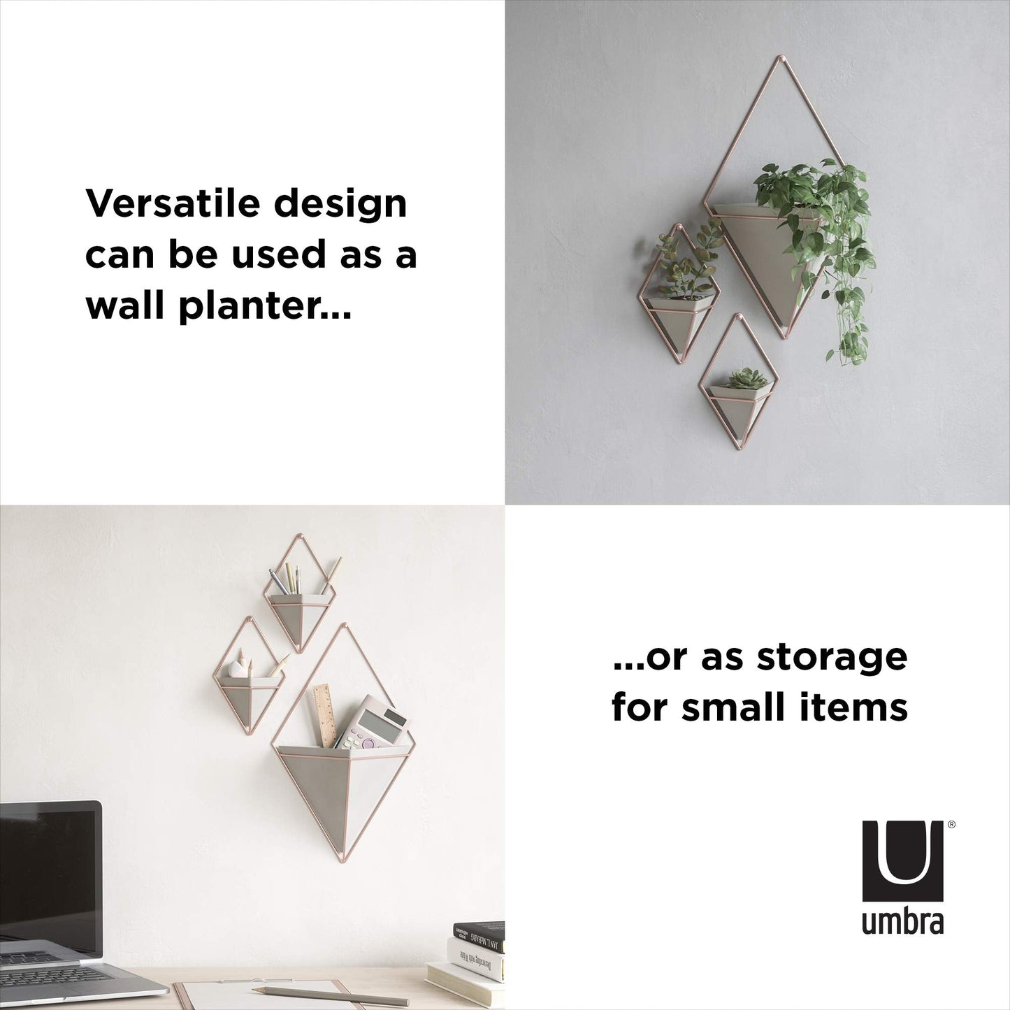 Umbra Trigg Hanging Planter Vase Wall Decor, Set of 2 Pots Containers for Succulents, Cactus, Faux Plants, and More, Small, Grey/Copper