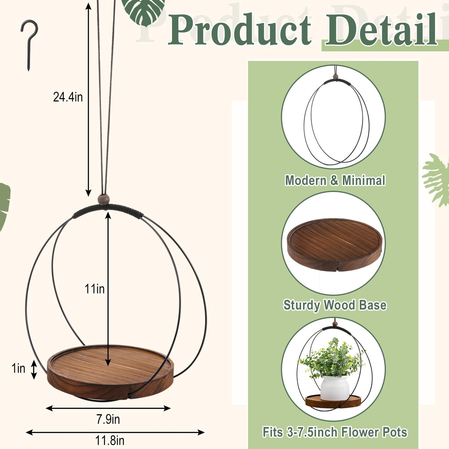 Threehoney 1 Pack Hanging Planters for Indoor Black Plant Hanger with Round Wood Base Large Indoor Hanging Plant Shelf Boho Holder Gift for Mom,housewarming (7.9 '')