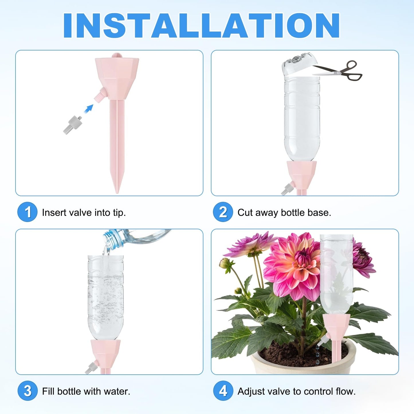 M METERXITY 8-Pack Self Watering Spikes for Plants, 5.3 Inch Plastic Plant Watering Devices with 8 Stoppers for Indoor/Outdoor Pots, Garden Water Planter System [Pink]