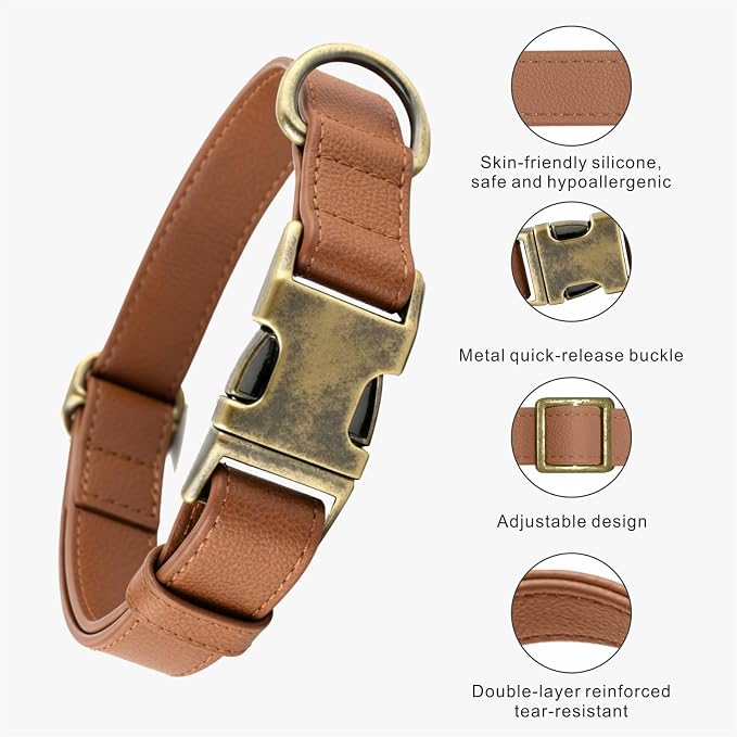 Dog Collar and Leash Set,Leather Silicone Waterproof Odor-Proof Dog Collar and Leash for Large Dogs, Soft Flexible Dog Collars, Durable Thick Adjustable Pet Collar (Brown, Large (16-24.5" Neck))