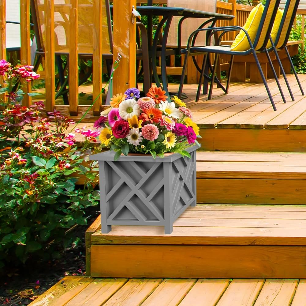 Ratiyae 15.5-Inch Outdoor Lattice Planter Box, Gray Decorative Plant Pot for Patio, Garden, Porch & Balcony