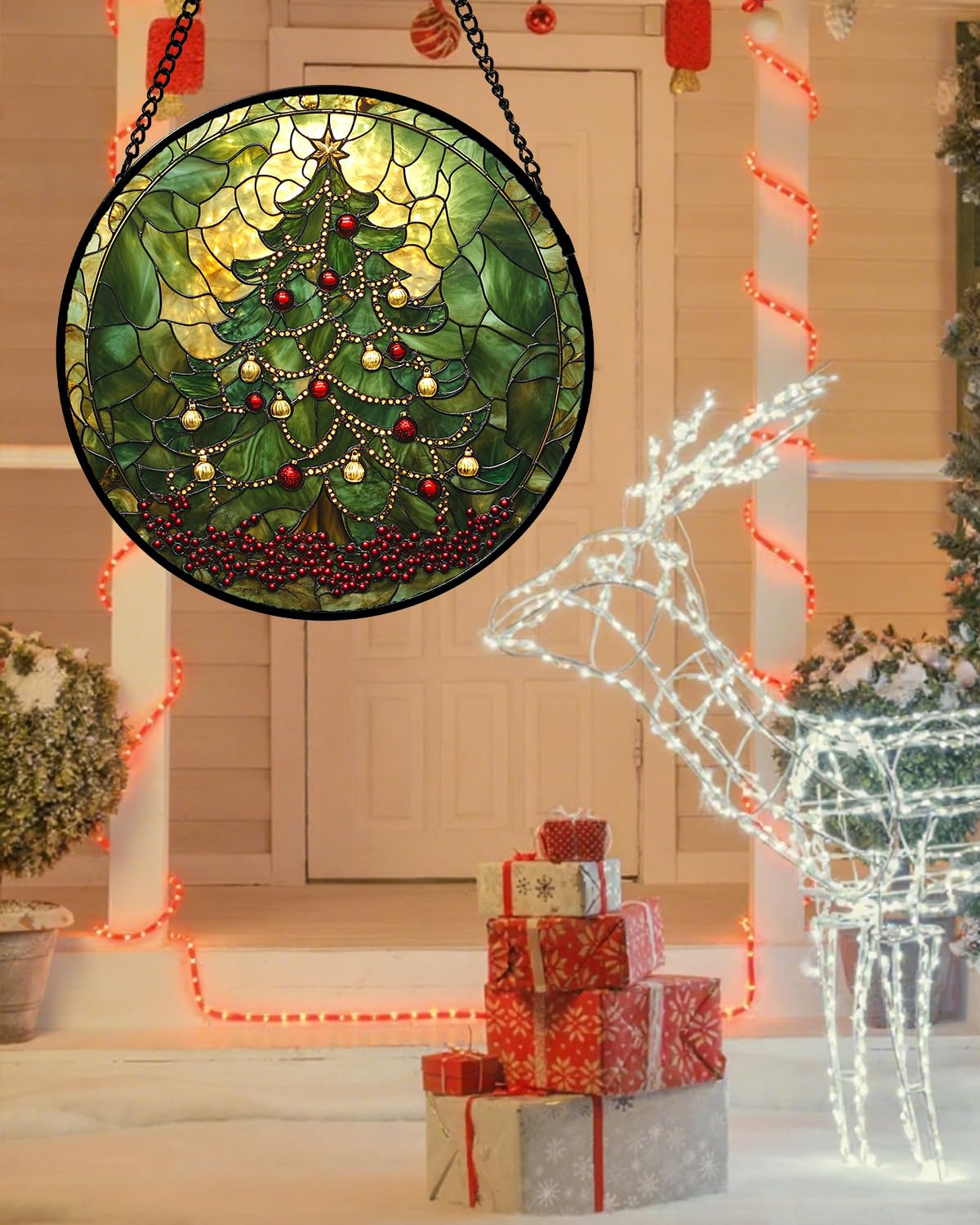 Stained Glass Window Hanging - Retro Green Christmas Tree Suncatcher for Doors Home Christmas Decoration Sun Catcher Thanksgiving New Year Birthday Gifts for Women Men Mom Nana 15 in