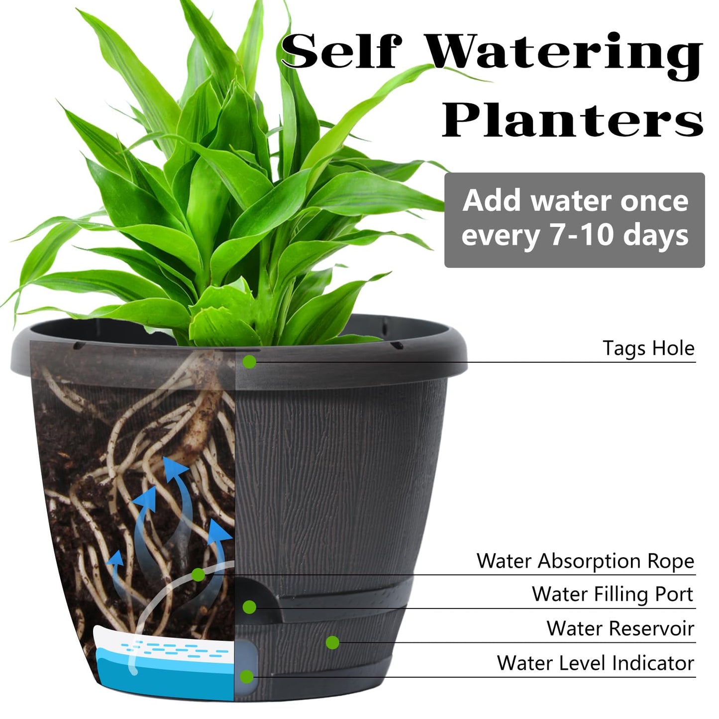 Sun-E 10 Inch Self Watering Planters 3-Pack - Rustic Whiskey Barrel Flower Pots with Water Level Indicator & Drainage, Farmhouse Decor for Indoor Outdoor Plants (Dark Brown Wood Grain)