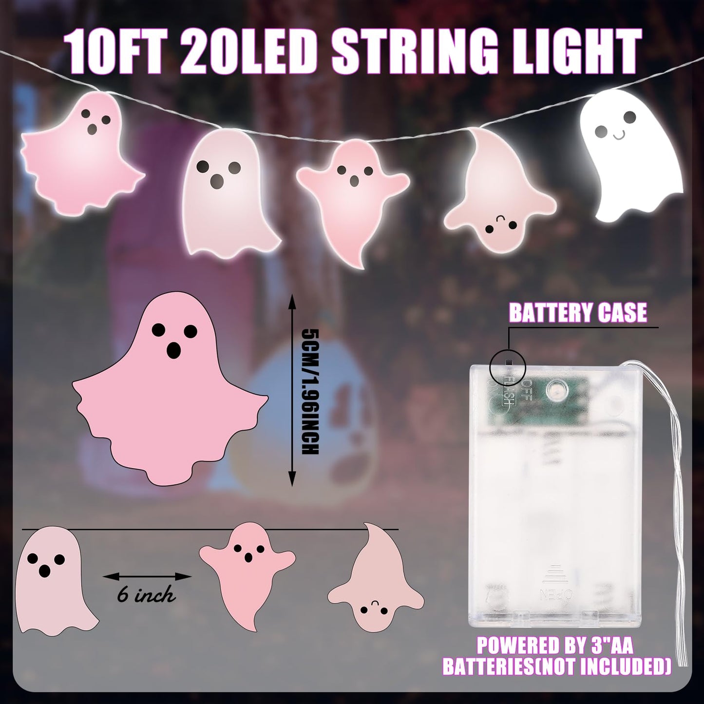 Ganeen Halloween Pink Ghost Decorations Halloween Pink Ghost String Lights 10 ft 20 LED Hanging LED Lights Battery Operated for Home Party Indoor Outdoor Cute Decor