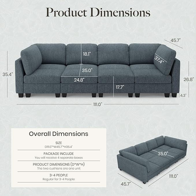 Belffin 111" Cloud Sectional Sleeper Sofa