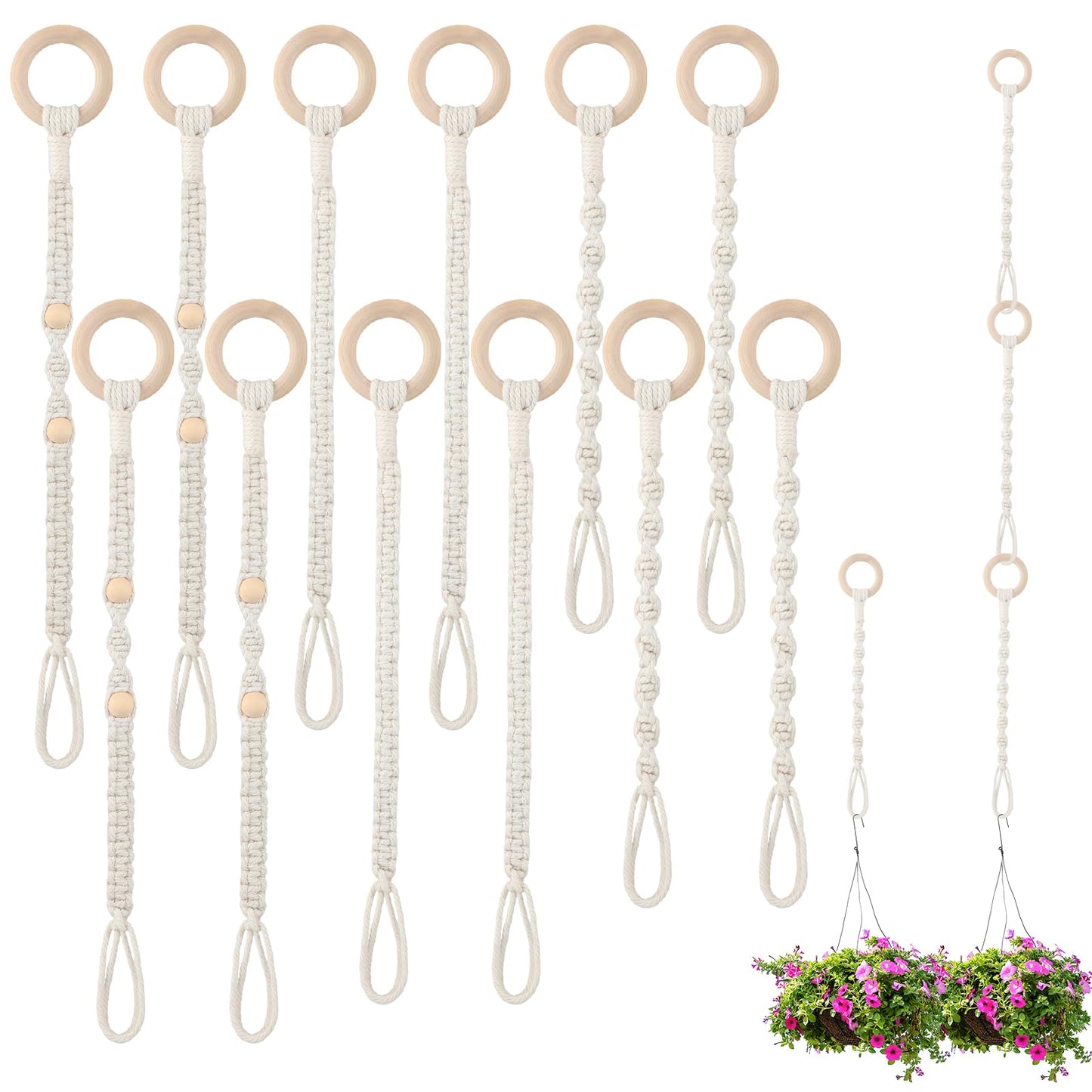 Windyun 12 Pack Adjustable Macrame Plant Hanger Extenders Connectable Rope Hanging Plant Extender Handmade Woven Hanging Basket Extension with Wooden Ring for Indoor Outdoor Pot Holder