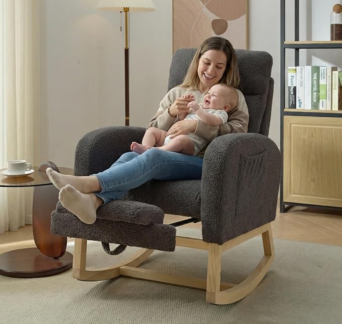 NIOIIKIT Modern Nursery Rocking Chair, Teddy Upholstered Rocking Chair