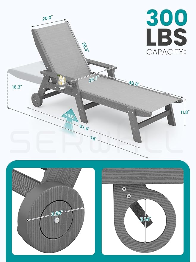 SERWALL Textilene Patio Chaise Lounge Chair, 5 Positions Adjustable Outdoor