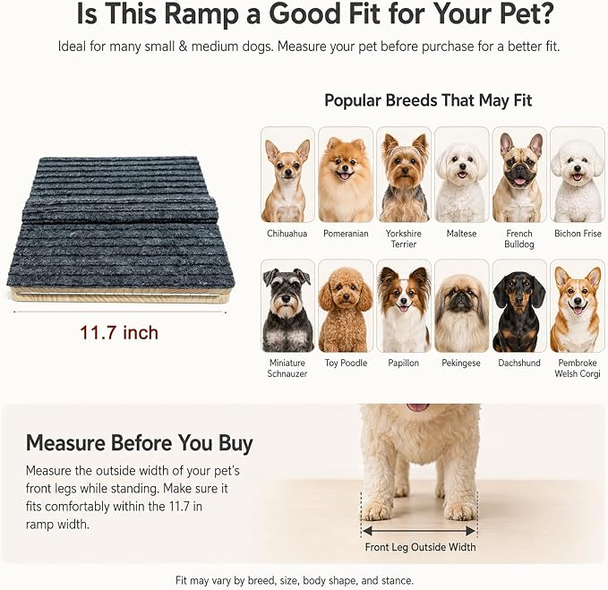 2 Pack Dog Ramp for Stairs – Solid Wood Adjustable & Foldable, 4 Heights, Non-Slip Silicone Base, Traction Felt, Raised Pause Strip, 35lb for Small & Senior Dogs
