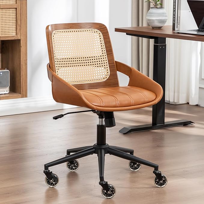 Home Office Desk Chair with Ergonomic Rattan Backrest, Walnut Crafts, Curved