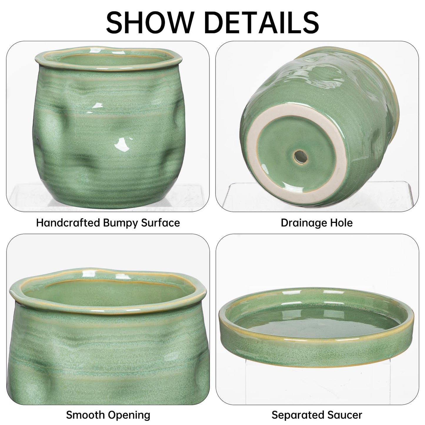 5.7 inch Ceramic Pots for Plants, Plant Pot with Drainage Hole and Saucer Sage Green Ceramic Indoor Planter with Tray Decorative Flower Pots for Succulent, Cactus, Snake Plant, Herb Indoor Outdoor