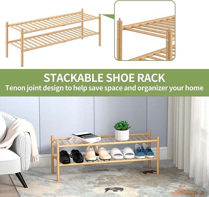 ROMGUAR CRAFT 2-Tier Bamboo Long Shoe Rack, Free Standing Wood Shoe Shelf