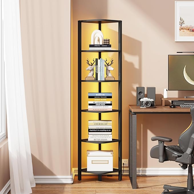 TUTOTAK Corner Shelf with LED Light, 6-Tier Corner Bookshelf