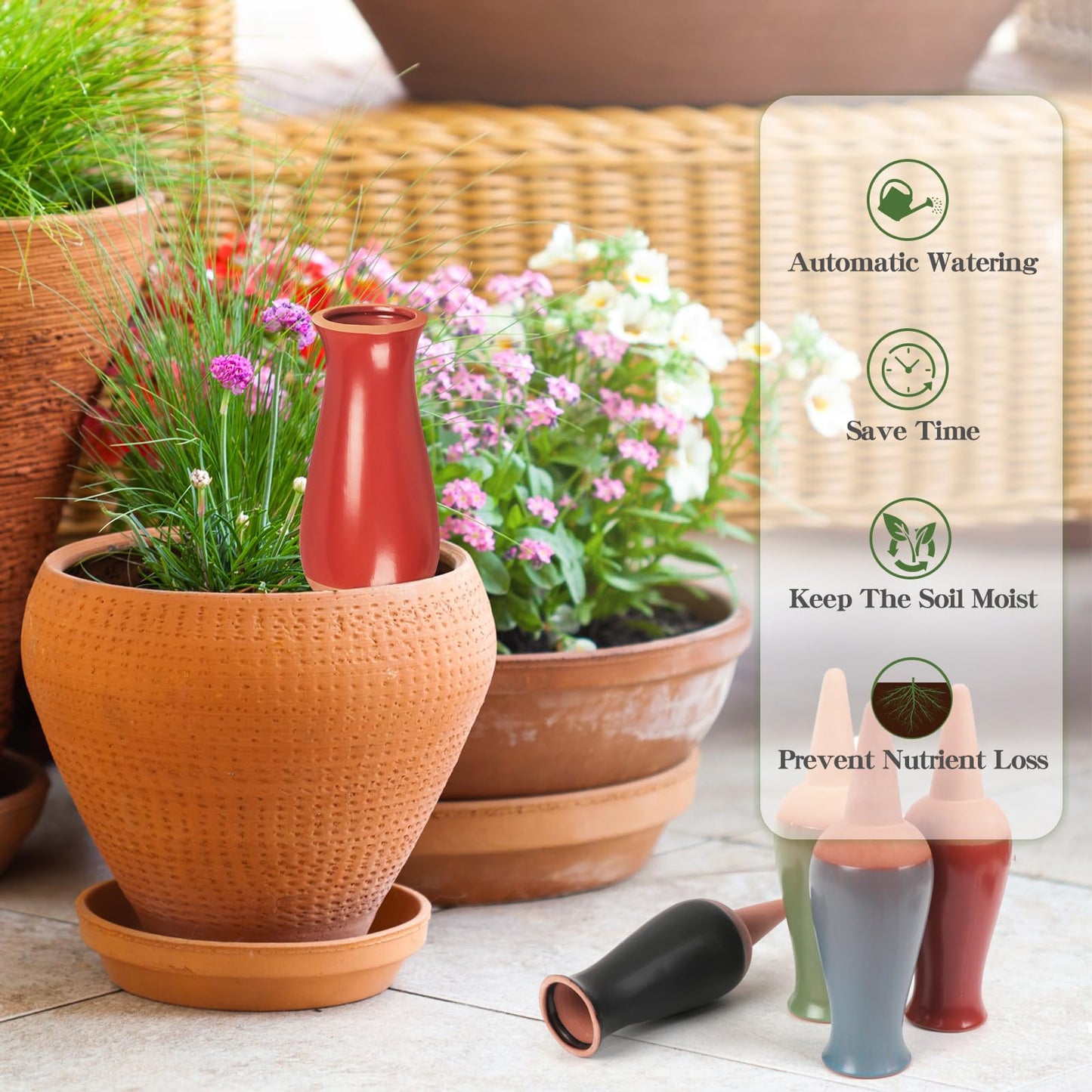 4 Packs Ollas Plant Watering Globes, 12 Oz Terracotta Self Watering Planter Insert, Automatic Watering Devices, Clay Drip Irrigation Stake for Indoor & Outdoor Plant, 1 Week Easy to Refill(Multicolor)