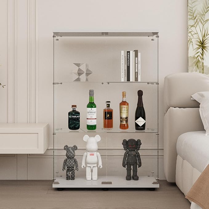 Display Cabinet with Glass Door and Lock, 3-Shelf Fast Installation Curio