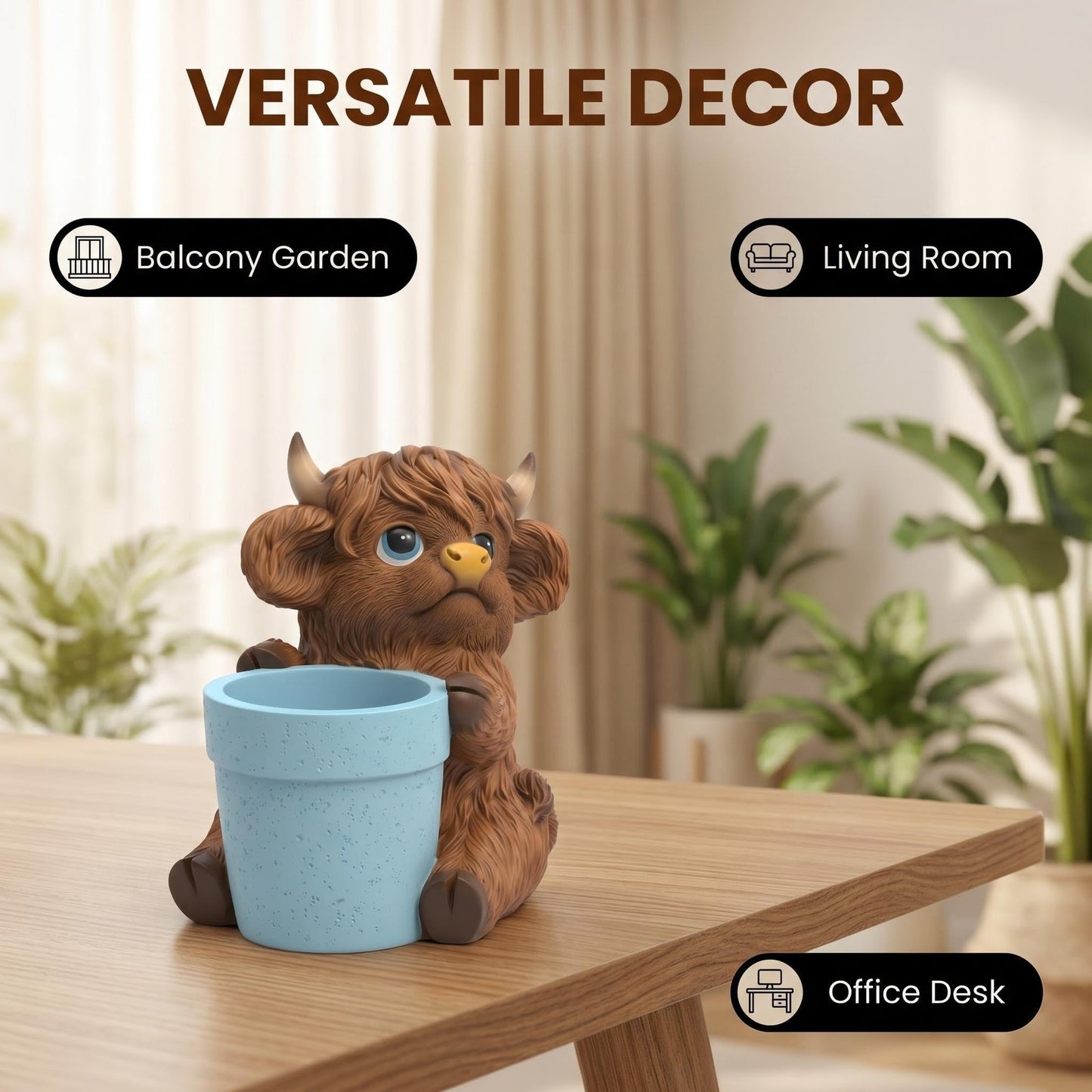 Zhao Xiang Highland Cow Succulent Planter - Rustic Resin Animal Flower Pot & Decorative Figurine | 5" D x 7" W x 6.5" H, Brown