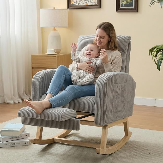 NIOIIKIT Nursery Rocking Chair, Corduroy Upholstered Rocking Chair