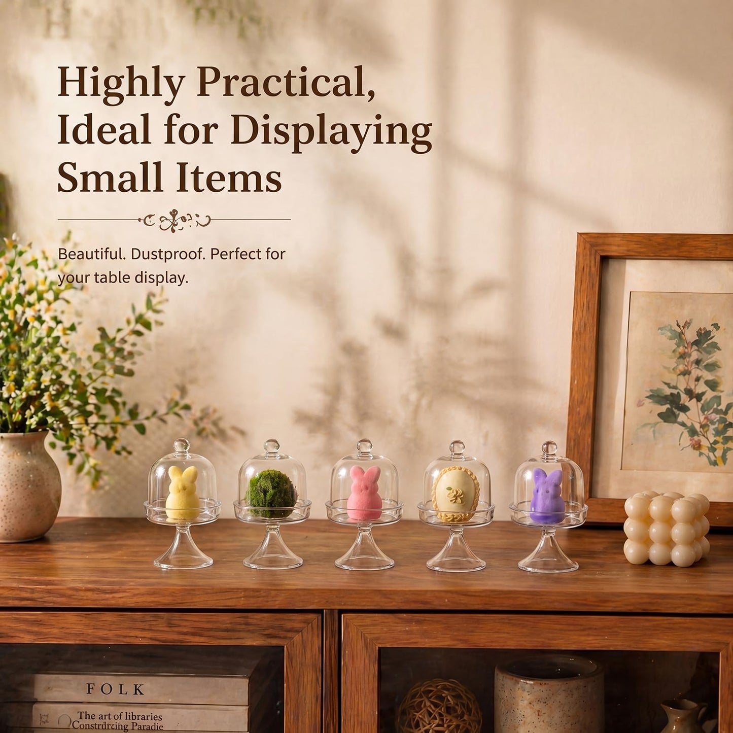 Gandeer 6 Pack Mini Glass Cloche with Base Bell Jar Dome & Acrylic Cube Planter 2.7 x 2.7 x 5'' Clear Glass Terrarium for Succulents Moss Cakes Miniature Dioramas Specimens Jewelry Rings Display